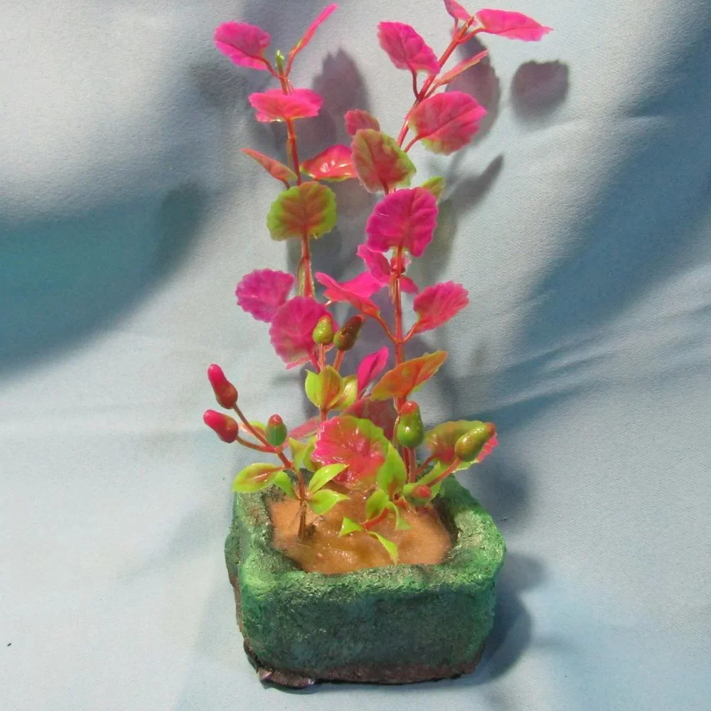 Aquarium Decoration - Green Rock with Tall Colorful Plants